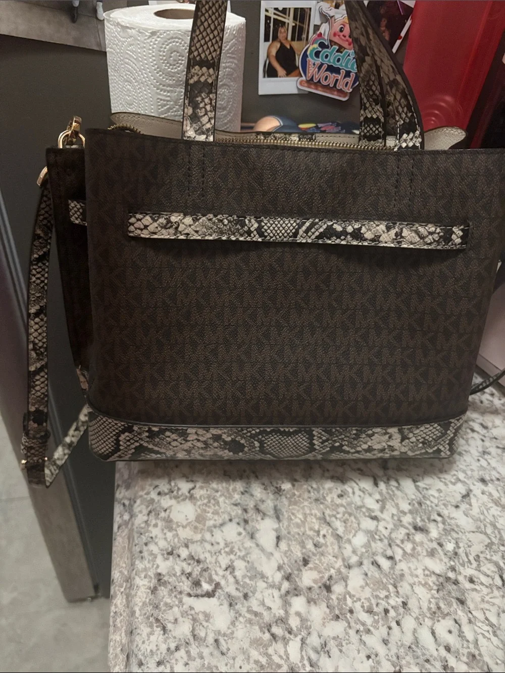 Michael Kors Brown MK Logo Tote with Snake-Print Trim and Gold Hardware